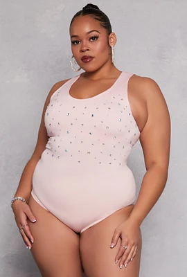 Womens Plus Size Rhinestone Studded Bodysuit, Pink, Size 2X-3X