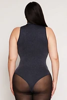 Womens Plus Size Acid Wash Mock Neck Bodysuit, Black, Size 2X-3X