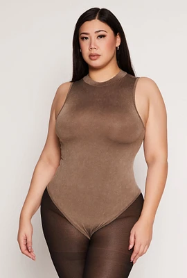 Womens Plus Acid Wash Mock Neck Bodysuit, 2X-3X