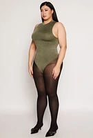 Womens Plus Size Acid Wash Mock Neck Bodysuit, Green, Size 2X-3X