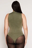 Womens Plus Size Acid Wash Mock Neck Bodysuit, Green, Size 2X-3X