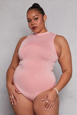 Womens Plus Size Acid Wash Mock Neck Bodysuit, Pink, Size 2X-3X