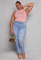Womens Plus Size Acid Wash Mock Neck Bodysuit, Pink, Size 2X-3X