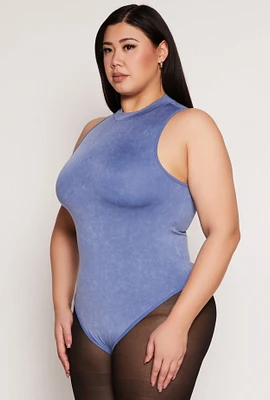 Womens Plus Acid Wash Mock Neck Bodysuit, 2X-3X