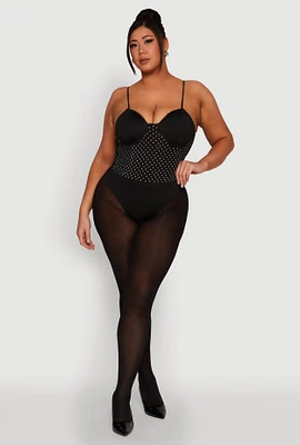 Womens Plus Size Rhinestone Ruched Padded Bustier Bodysuit, Black, Size 3X