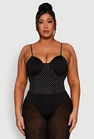 Womens Plus Size Rhinestone Ruched Padded Bustier Bodysuit, Black, Size 3X