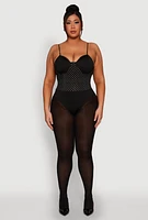 Womens Plus Size Rhinestone Ruched Padded Bustier Bodysuit, Black, Size 3X