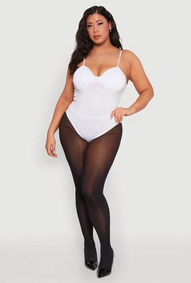 Womens Plus Size Rhinestone Ruched Padded Bustier Bodysuit, White, Size 2X