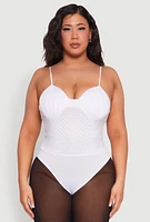 Womens Plus Size Rhinestone Ruched Padded Bustier Bodysuit, White, Size 3X