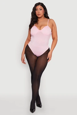 Womens Plus Size Rhinestone Ruched Padded Bustier Bodysuit, Pink, Size 1X