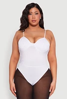 Womens Plus Rhinestone Bustier Bodysuit, White,