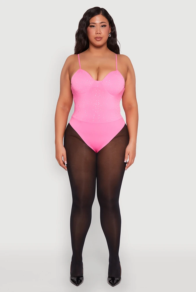 Womens Plus Size Rhinestone Bustier Bodysuit, Pink, Size 1X