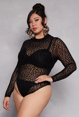 Womens Plus Size Mesh Velvet Burnout Leopard Print Bodysuit, Black, Size 2X