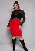 Womens Plus Size Mesh Velvet Burnout Leopard Print Bodysuit, Black, Size 2X