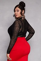 Womens Plus Size Mesh Velvet Burnout Leopard Print Bodysuit, Black, Size 2X