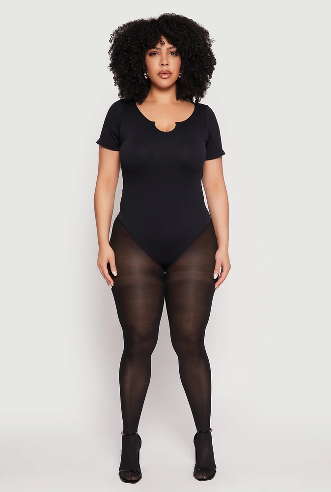 Womens Plus Ribbed Knit Notch Neck Bodysuit, 1X-2X