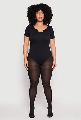 Womens Plus Ribbed Knit Notch Neck Bodysuit, 1X-2X