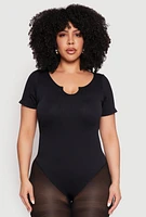 Womens Plus Ribbed Knit Notch Neck Bodysuit, 1X-2X