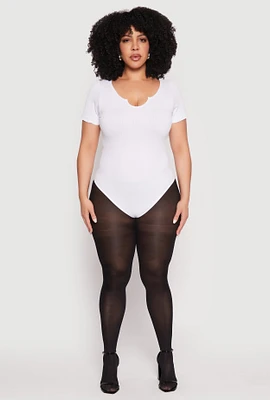 Womens Plus Size Ribbed Knit Notch Neck Bodysuit, White, Size 1X-2X