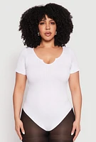 Womens Plus Size Ribbed Knit Notch Neck Bodysuit, White, Size 1X-2X