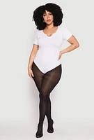 Womens Plus Size Ribbed Knit Notch Neck Bodysuit, White, Size 1X-2X