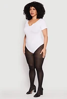 Womens Plus Size Ribbed Knit Notch Neck Bodysuit, White, Size 1X-2X
