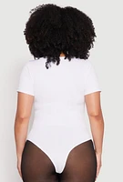 Womens Plus Size Ribbed Knit Notch Neck Bodysuit, White, Size 1X-2X