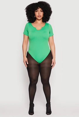 Womens Plus Ribbed Knit Notch Neck Bodysuit,