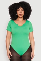 Womens Plus Ribbed Knit Notch Neck Bodysuit,