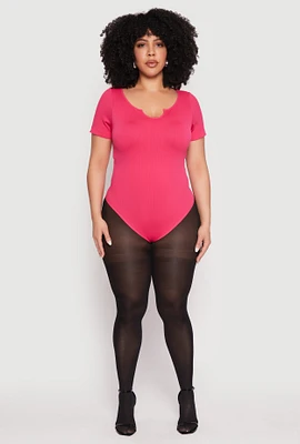 Womens Plus Size Ribbed Knit Notch Neck Bodysuit, Pink, Size 2X-3X