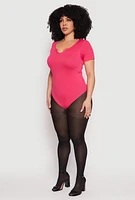 Womens Plus Size Ribbed Knit Notch Neck Bodysuit, Pink, Size 2X-3X