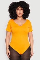 Womens Plus Ribbed Knit Notch Neck Bodysuit, Yellow,