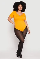 Womens Plus Ribbed Knit Notch Neck Bodysuit, Yellow,