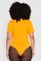 Womens Plus Ribbed Knit Notch Neck Bodysuit, Yellow,