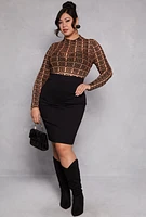 Womens Plus Mesh Velvet Burnout Greek Key Bodysuit, Brown,