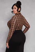 Womens Plus Mesh Velvet Burnout Greek Key Bodysuit, Brown,
