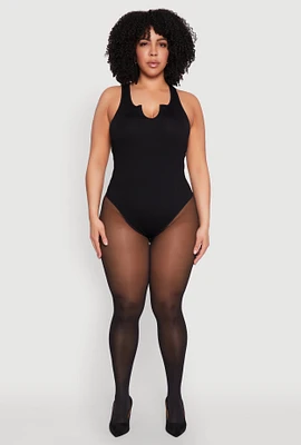 Womens Plus Size Ribbed Notch Neck Tank Bodysuit, Black, Size 1X-2X