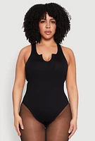 Womens Plus Size Ribbed Notch Neck Tank Bodysuit, Black, Size 1X-2X