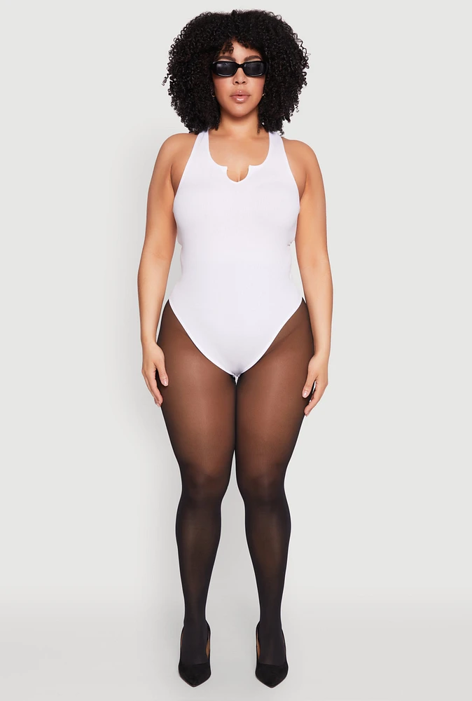 Womens Plus Size Ribbed Notch Neck Tank Bodysuit, White, Size 1X-2X