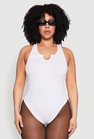 Womens Plus Size Ribbed Notch Neck Tank Bodysuit, White, Size 1X-2X