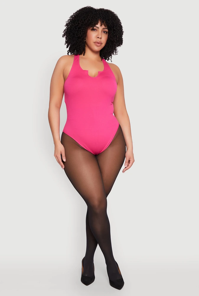 Womens Plus Size Ribbed Notch Neck Tank Bodysuit, Pink, Size 1X-2X