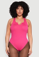Womens Plus Size Ribbed Notch Neck Tank Bodysuit, Pink, Size 1X-2X