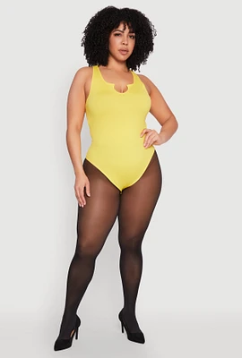 Womens Plus Size Ribbed Notch Neck Tank Bodysuit, Yellow, Size 1X-2X
