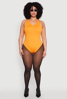 Womens Plus Size Ribbed Notch Neck Tank Bodysuit, Yellow, Size 1X-2X