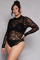 Womens Plus Size Mesh Velvet Burnout Printed Bodysuit, Black, Size 1X