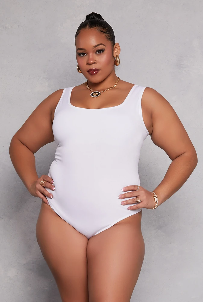 Womens Plus Size Square Neck Tank Bodysuit, White, Size 1X-2X