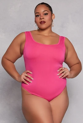 Womens Plus Size Square Neck Tank Bodysuit, Pink, Size 2X-3X