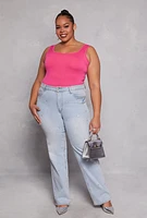 Womens Plus Size Square Neck Tank Bodysuit, Pink, Size 2X-3X