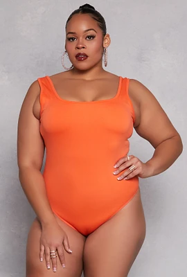 Womens Plus Size Square Neck Tank Bodysuit, Orange, Size 2X-3X