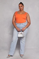 Womens Plus Size Square Neck Tank Bodysuit, Orange, Size 2X-3X